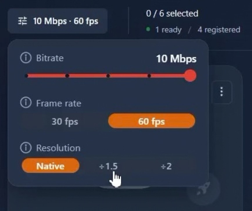 OmnicastVR streaming settings in native mode: 10 Mbps bitrate, 60 fps, native resolution