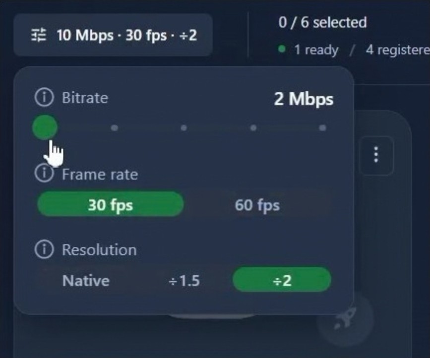 OmnicastVR streaming settings in optimized mode: 2 Mbps bitrate, 30 fps, resolution divided by two